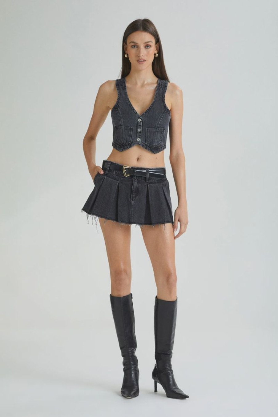 Women ABrand Denim Skirts | Abrand Pleated Mini Skirt-Chloe Black Washed