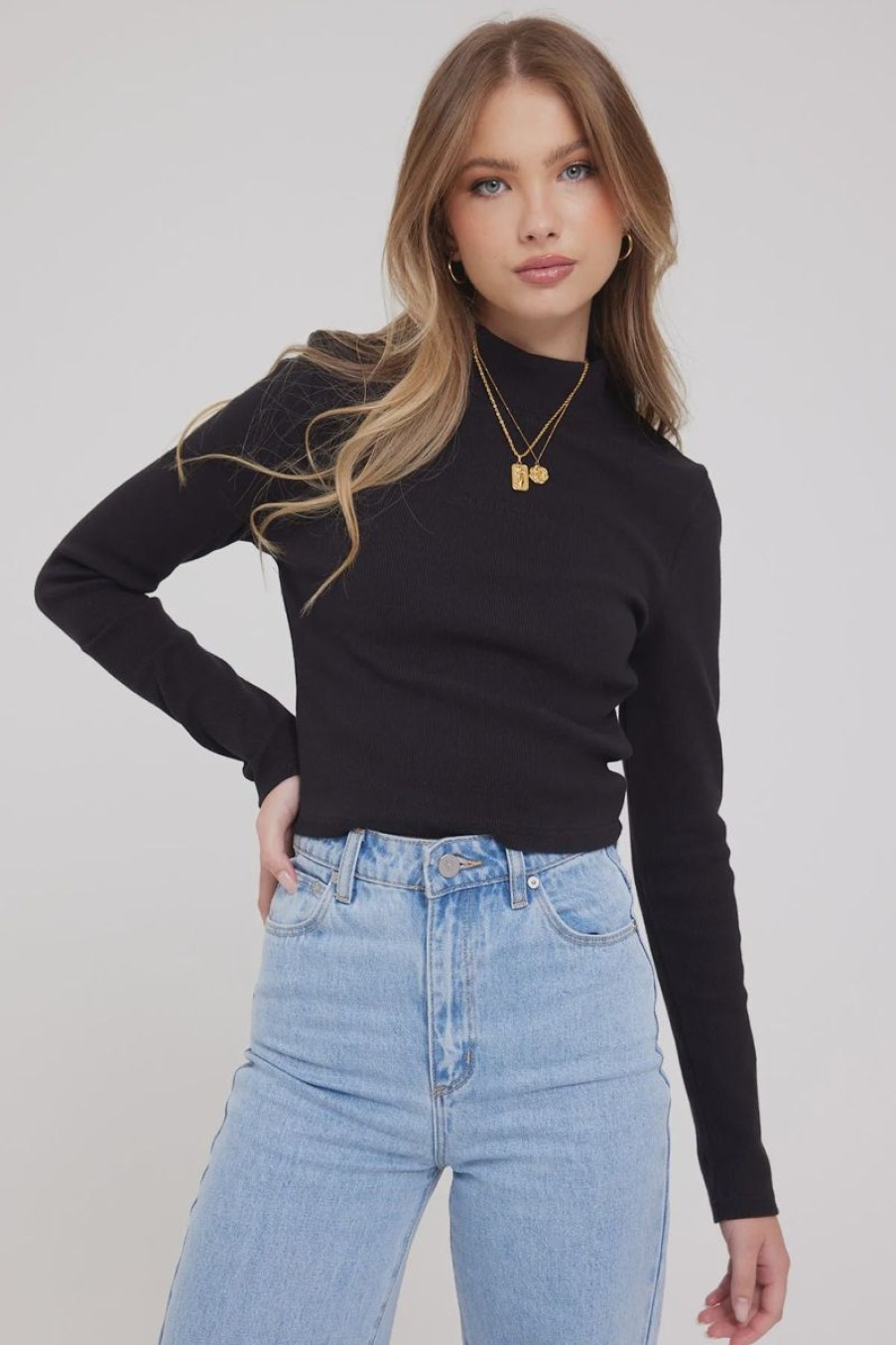 Women ABrand Tops | A Heather L/S Mock Neck-Black