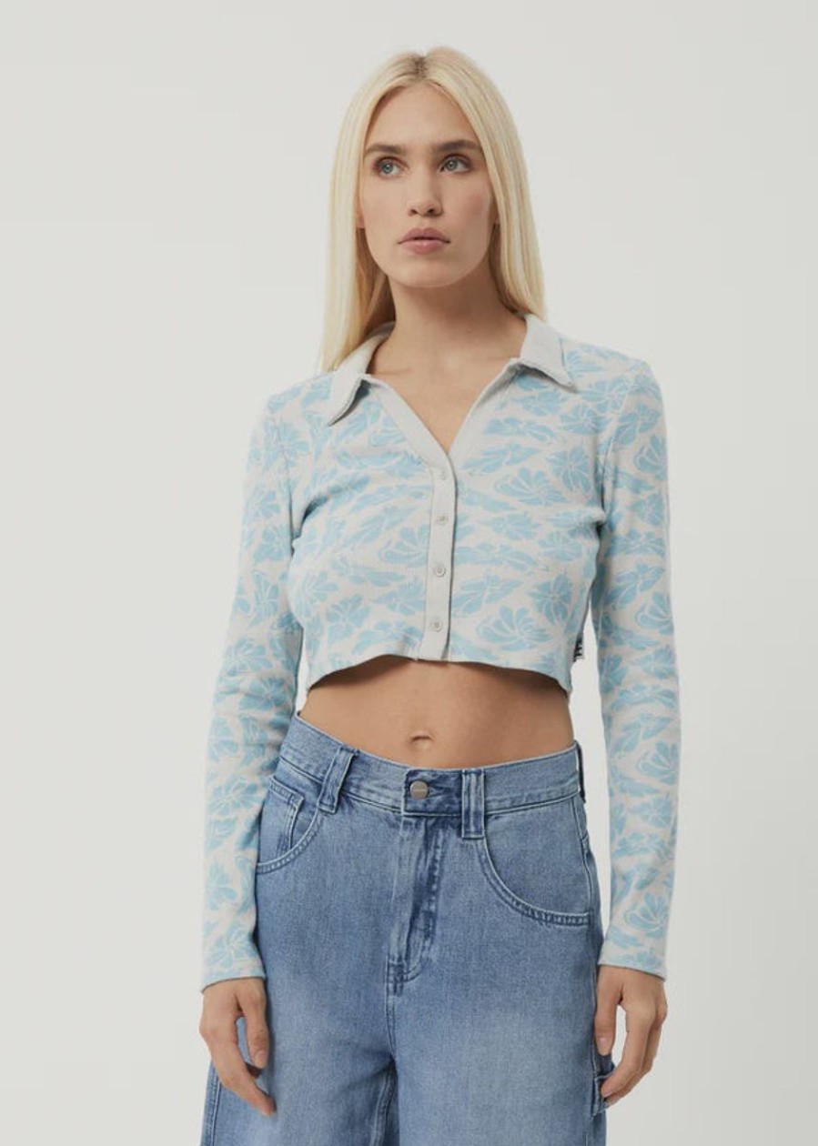 Women Afends Tops | Billie Hemp Rib Long Sleeve Shirt-Smoke Blue