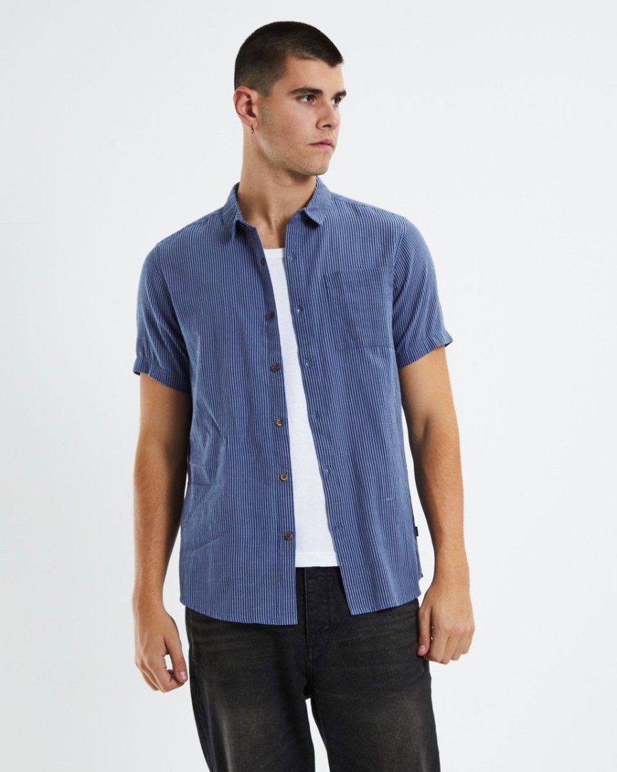 Men Rollas Shirts | Bon Micro Stripes Shirt-Blue