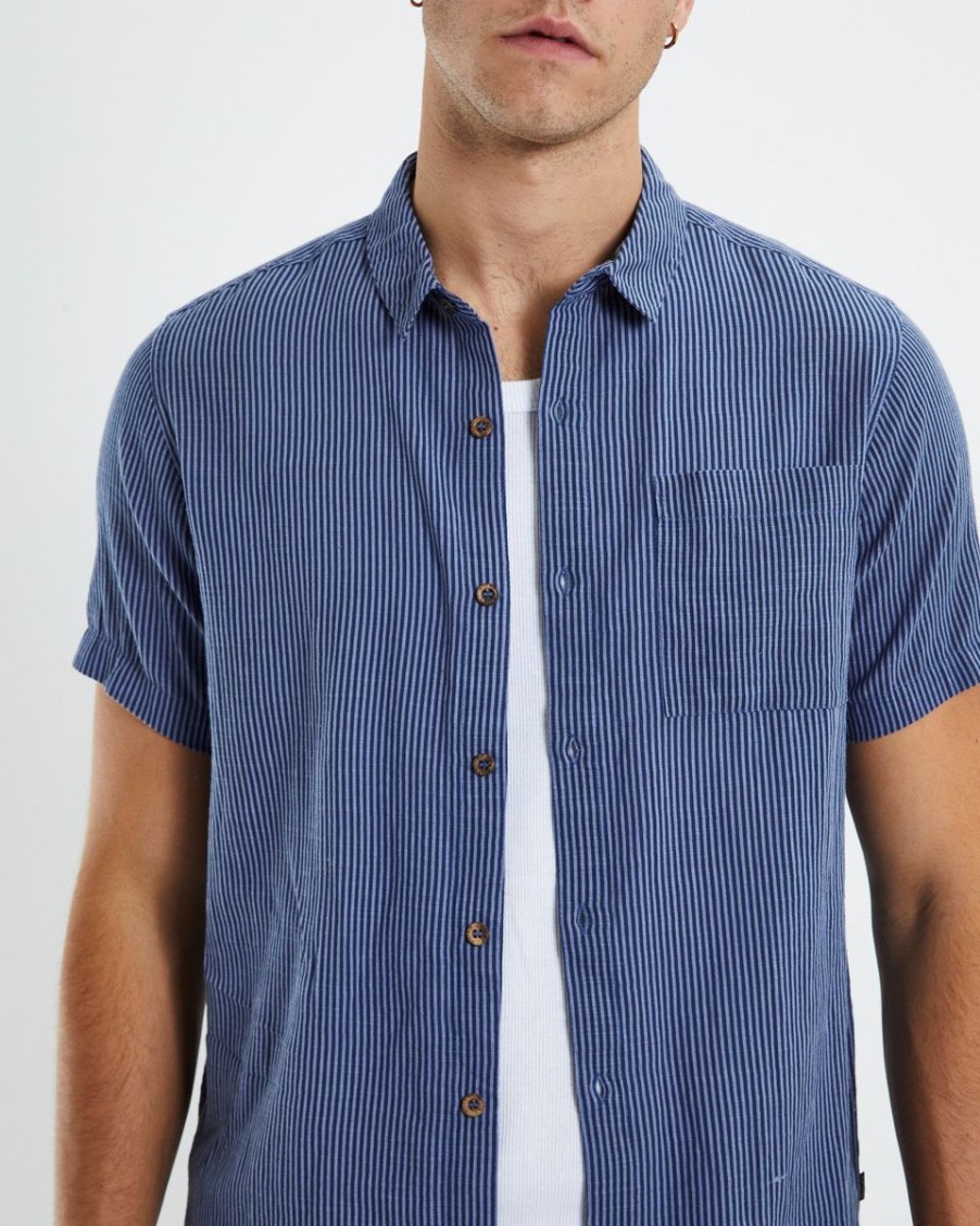 Men Rollas Shirts | Bon Micro Stripes Shirt-Blue