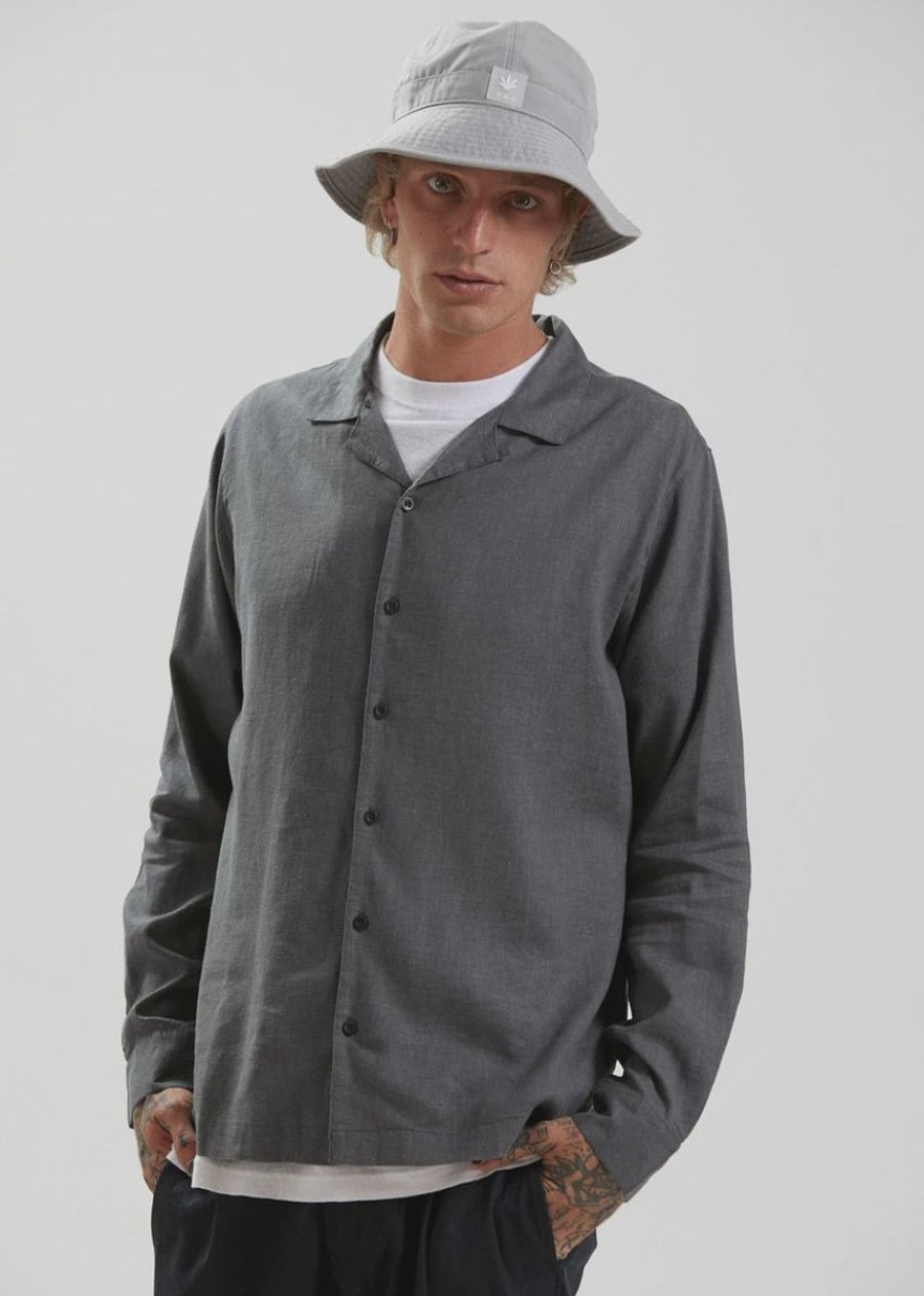 Men Afends Shirts | Critical Hemp Cuban Long Sleeve Shirt-Charcoal