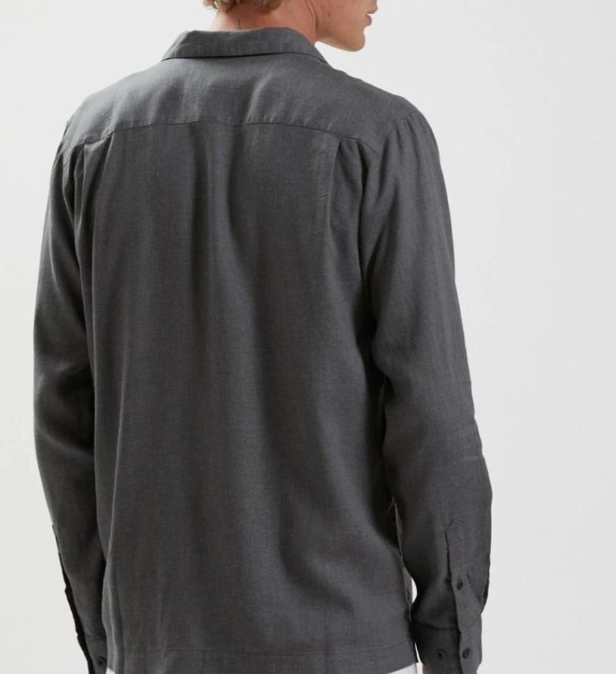 Men Afends Shirts | Critical Hemp Cuban Long Sleeve Shirt-Charcoal