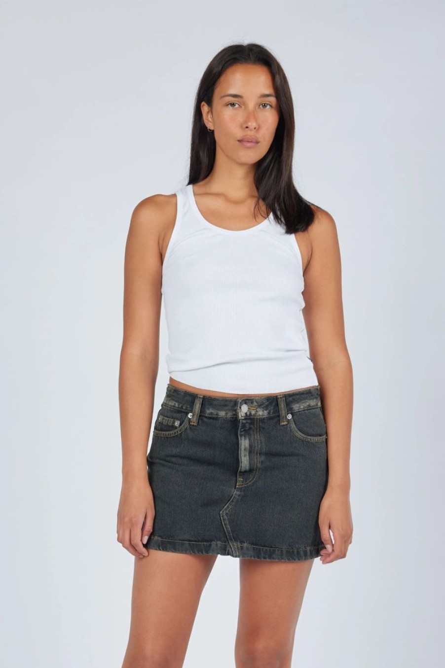 Women Dr Denim Denim Skirts | Dr Denim Ziggy Mid Rise Stream Denim Skirt-Tinted Black