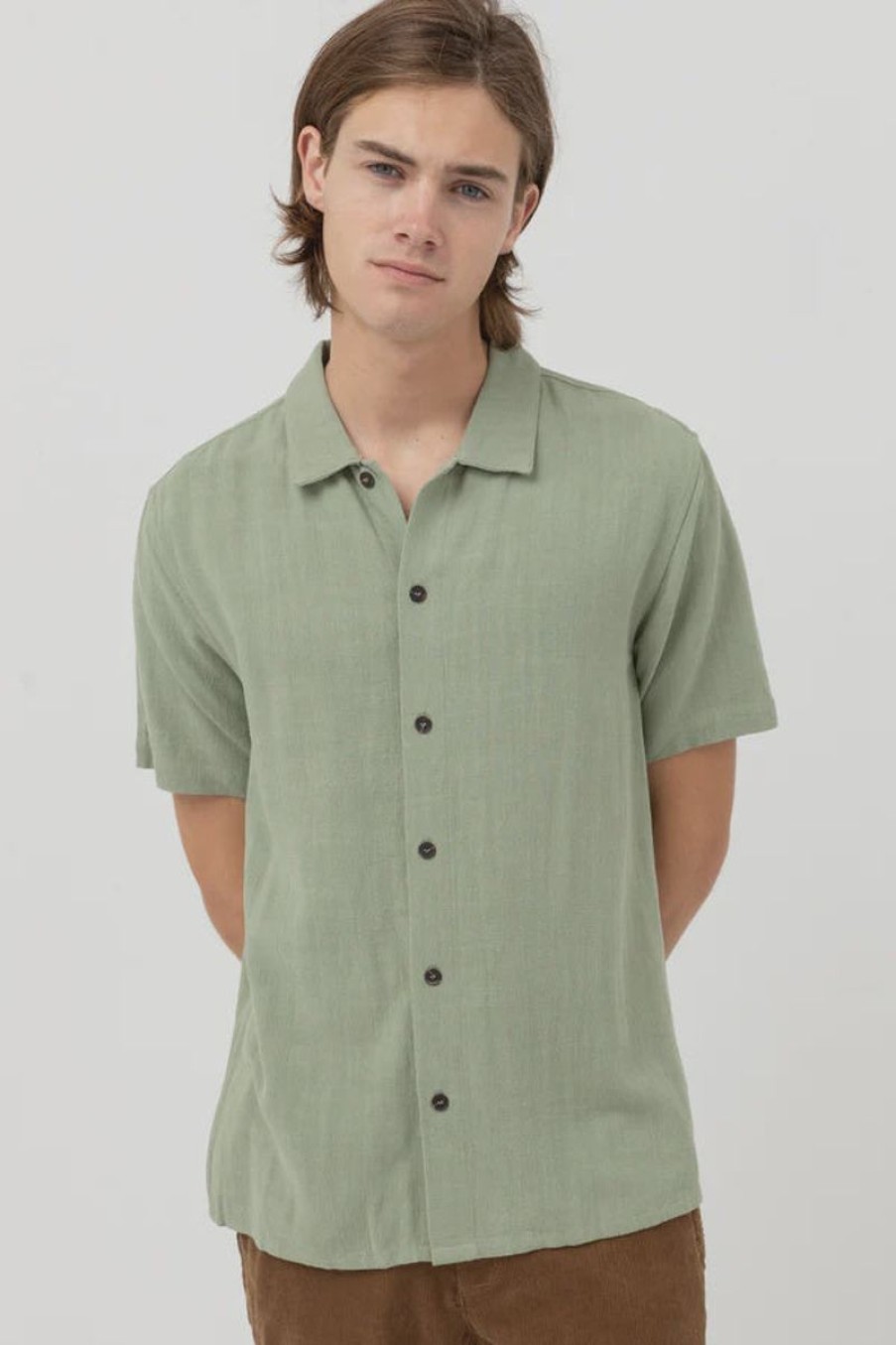 Men Rhythm Shirts | Rhythm Textured Linen Short Sleeve Shirt-Moss