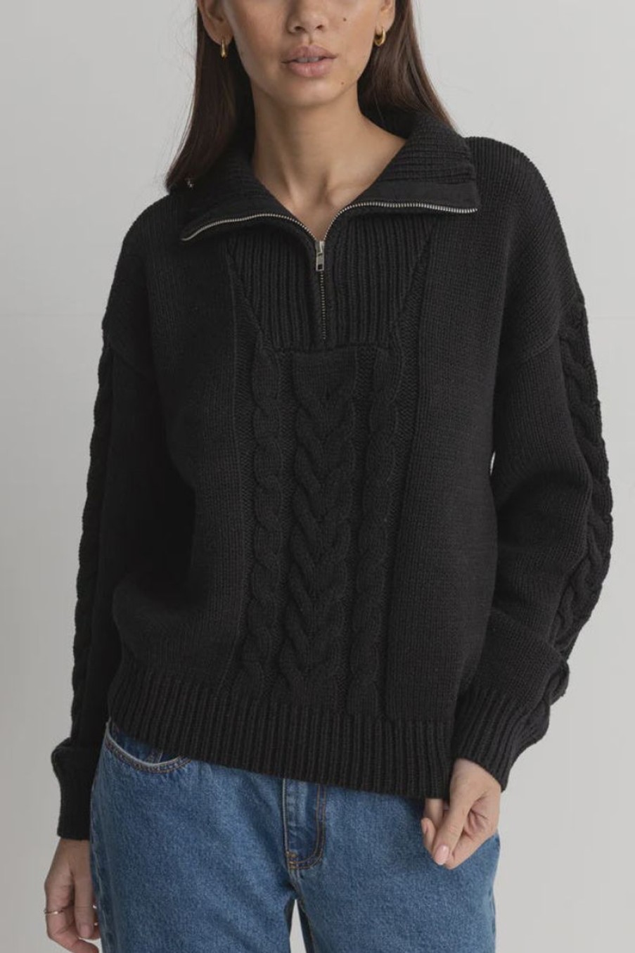 Women Rhythm Knits | Rhythm Cabelled Vintage Zip Knit-Black