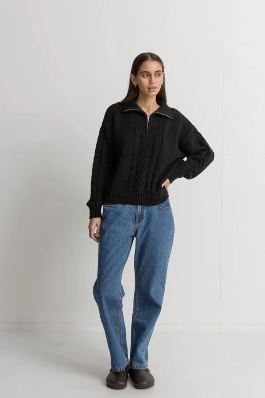 Women Rhythm Knits | Rhythm Cabelled Vintage Zip Knit-Black