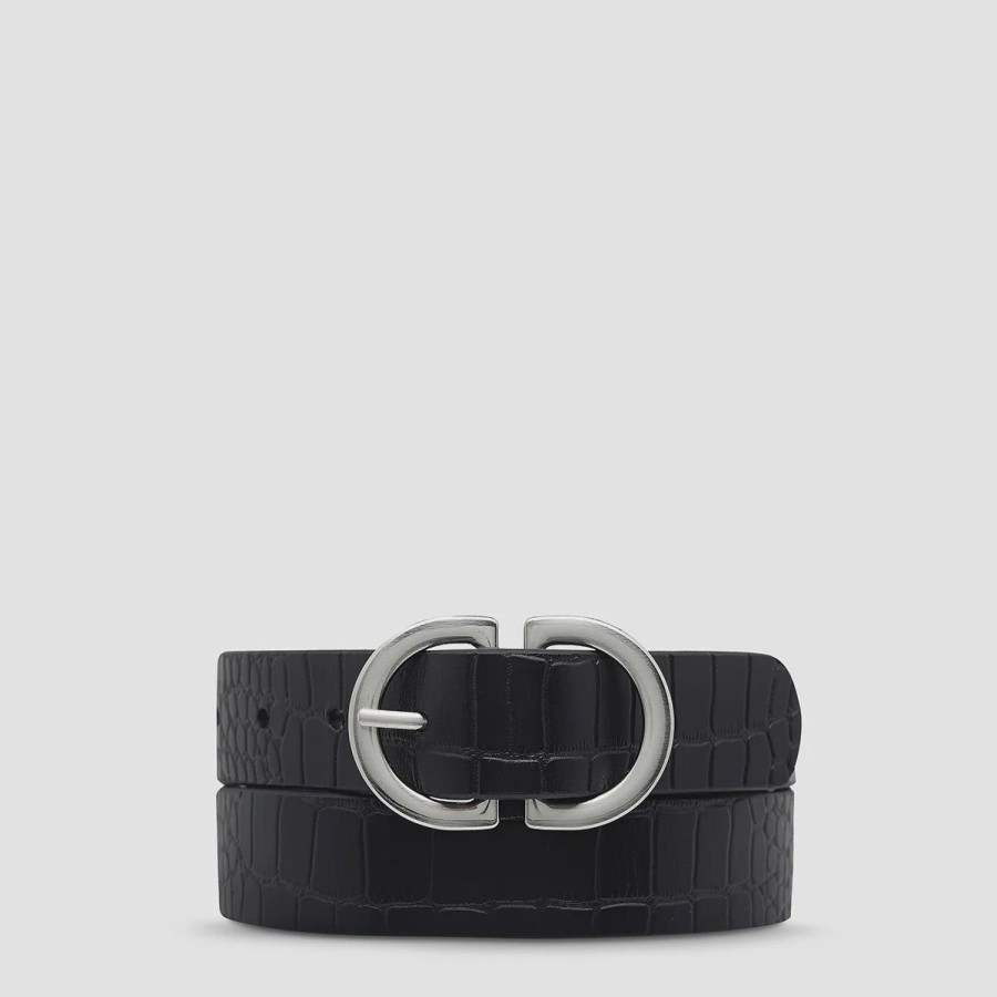 Women Status Anxiety Belts | Status Anxiety In Reverse Belt- Black Croc/Silver