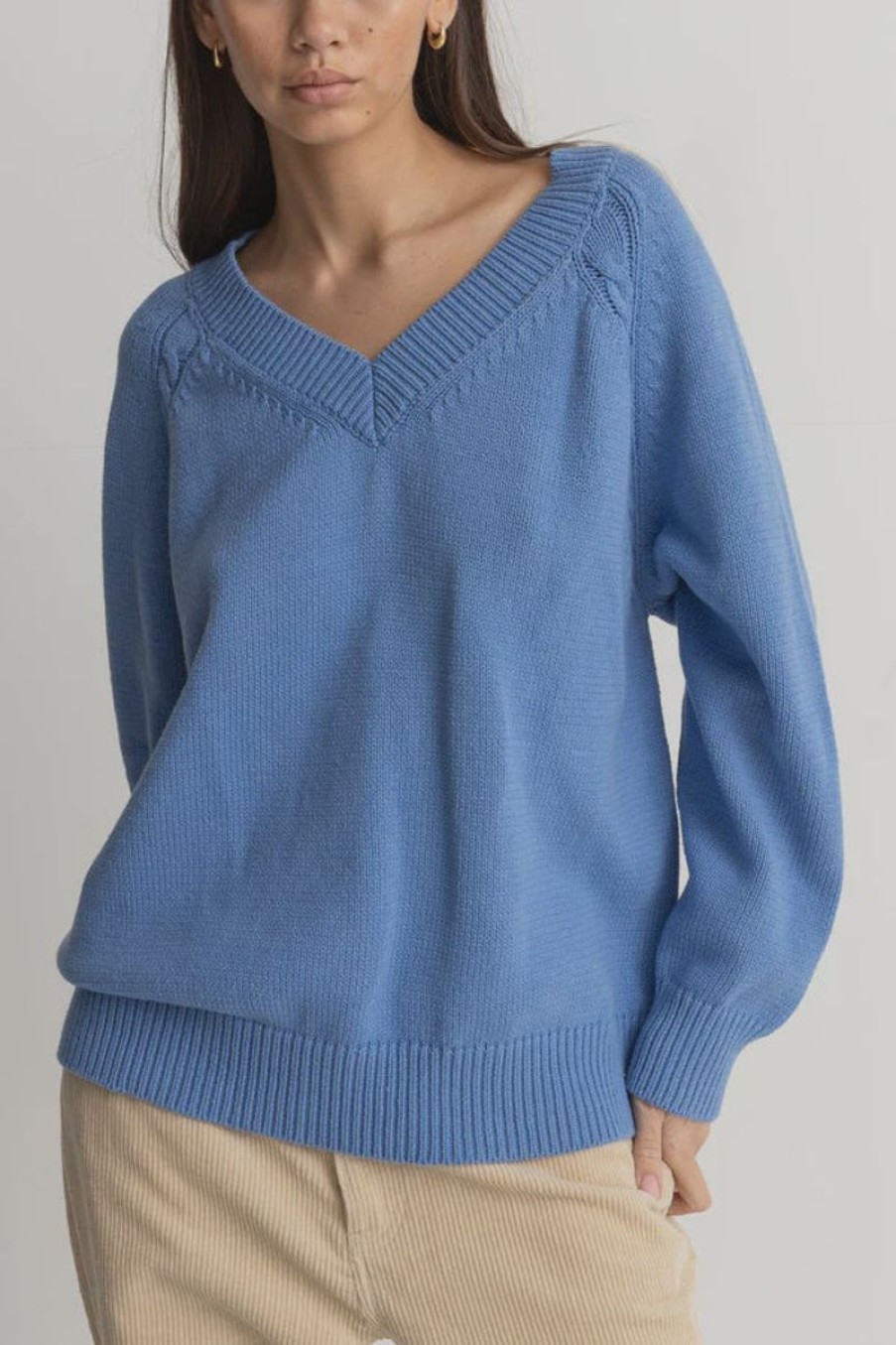 Women Rhythm Knits | Rhythm Moonstone Oversized V Neck Knit-Blue