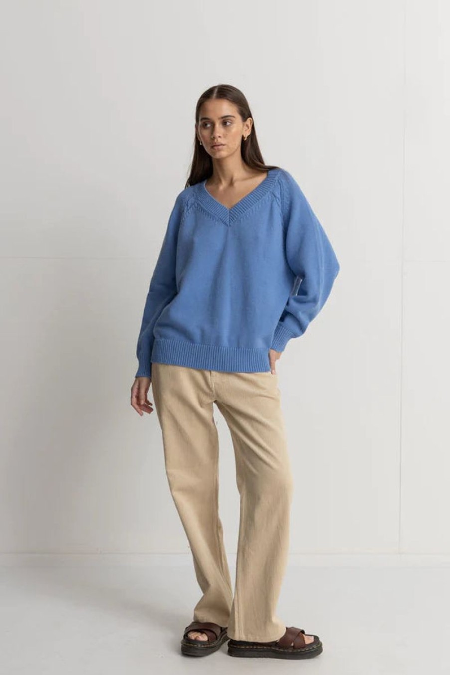 Women Rhythm Knits | Rhythm Moonstone Oversized V Neck Knit-Blue