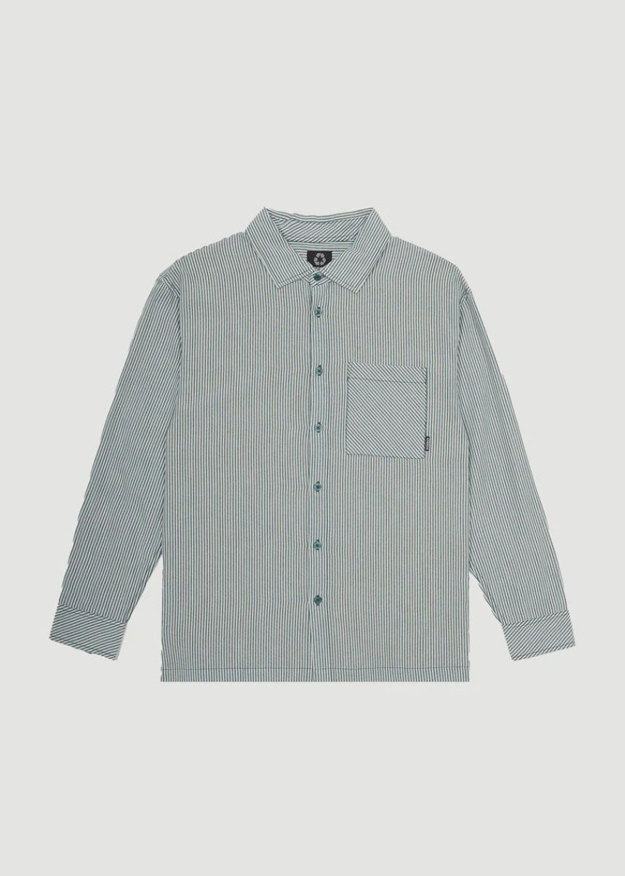 Men Afends Shirts | Afends Intergalactic Long Sleeve Shirt-Emerald Stripe