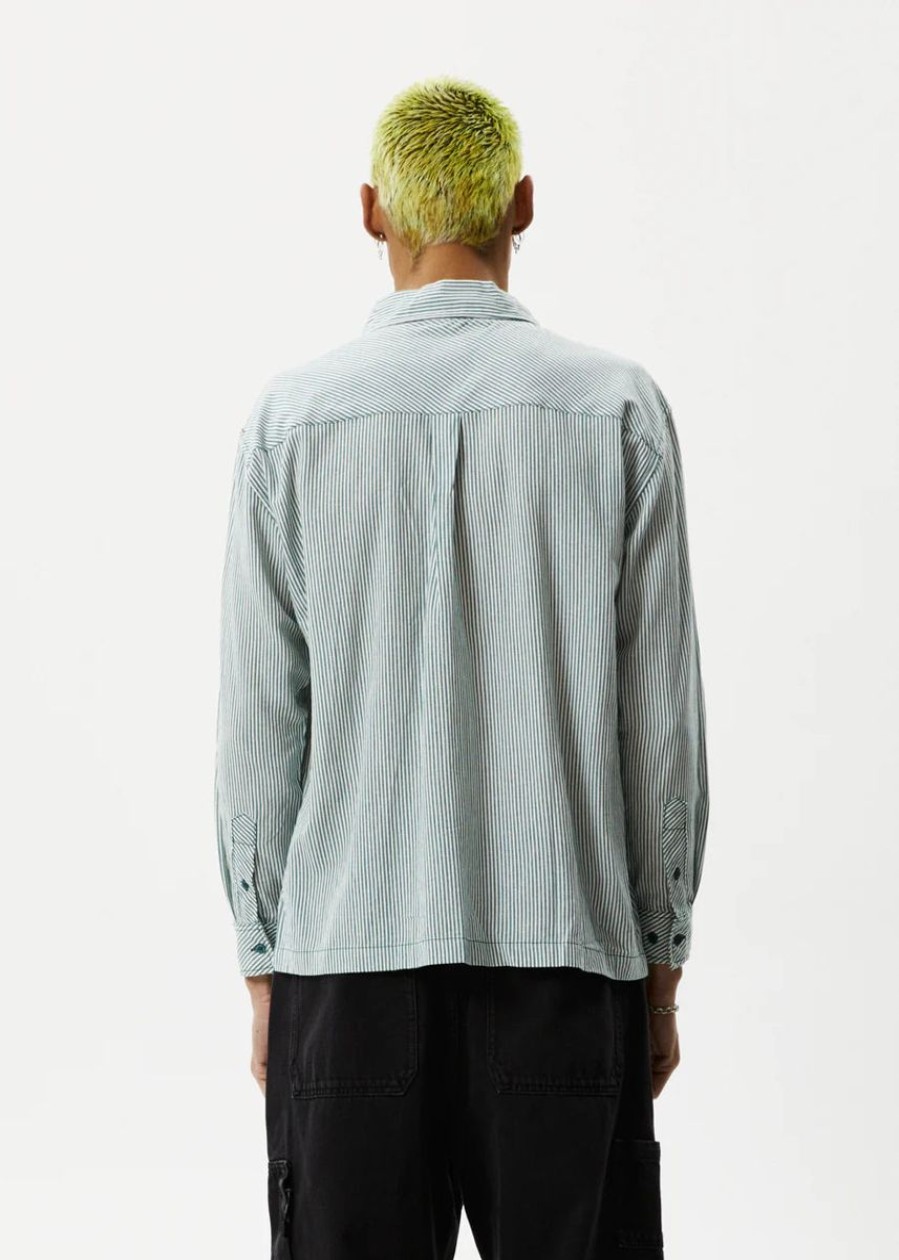 Men Afends Shirts | Afends Intergalactic Long Sleeve Shirt-Emerald Stripe