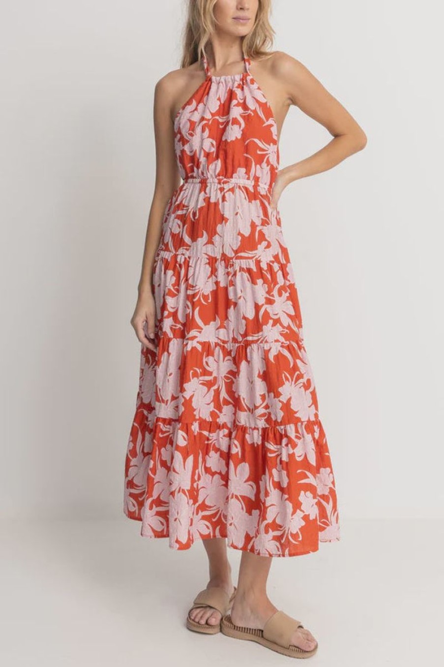 Women Rhythm Dresses | Rhythm Catalina Floral Halter Tiered Maxi Dress-Red