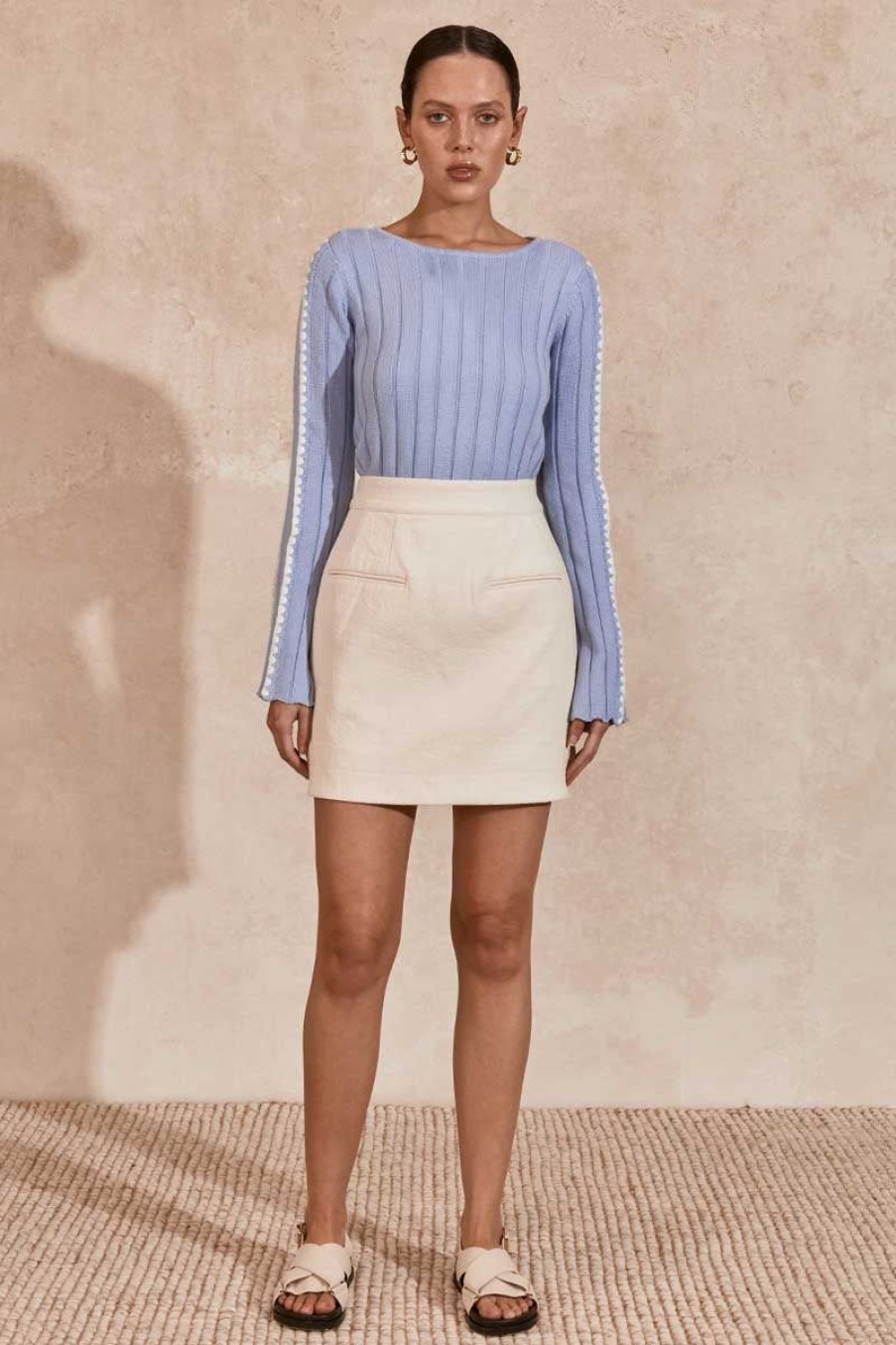 Women MØN RENN Tops | Mon Renn Eli Knit Top-Heron Blue/Ivory