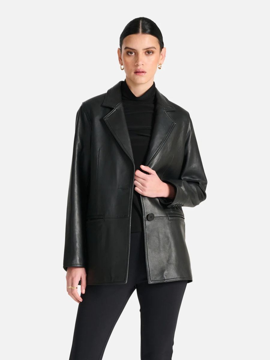 Women Ena Pelly Jackets, Coats & Blazers | Charlotte Oversized Leather Blazer- Black