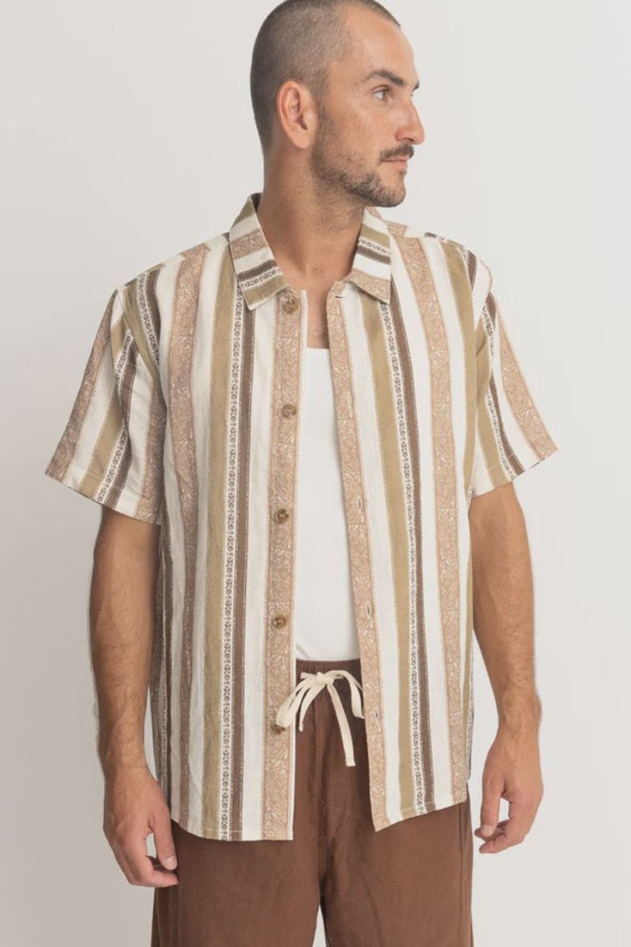 Men Rhythm Shirts | Rhythm Paisley Stripe Short Sleeve Shirt-Desert Sage