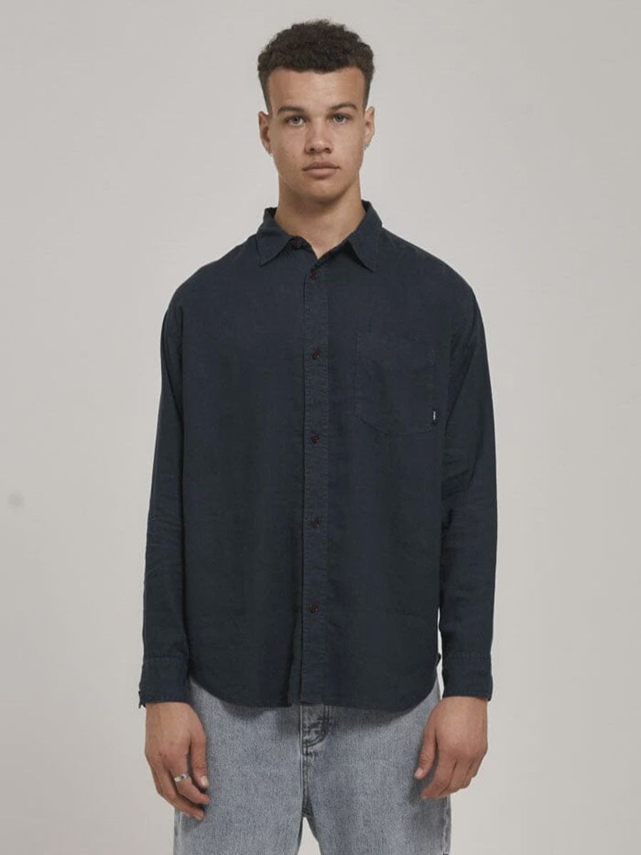 Men THRILLS Shirts | Thrills Hemp Minimal Thrills Oversize Long Sleeve Shirt-Petrol