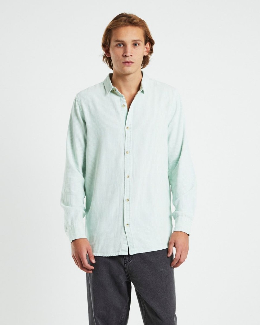 Men Rollas Shirts | Men At Work Stripe Oxford Shirt- Green