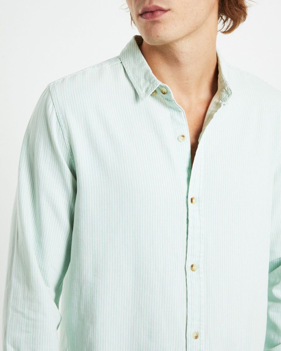 Men Rollas Shirts | Men At Work Stripe Oxford Shirt- Green