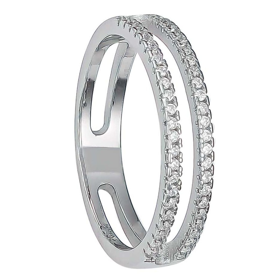 Women TJD Silver Jewellery | R450-7 Rhodium Plated Sterling Silver Double Line Cz Ring-7 O