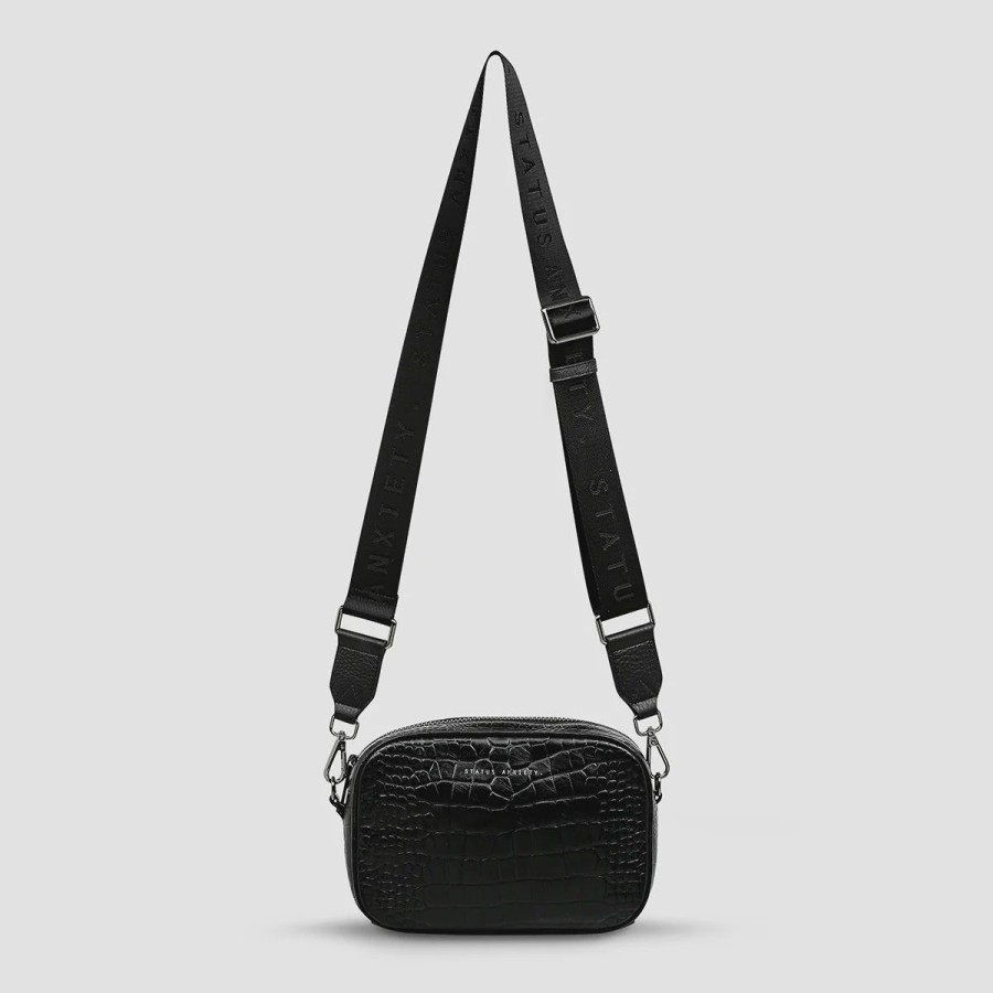 Women Status Anxiety Bags | Status Anxiety Crossbody Plunder Bag With Webbed Strap-Black Croc Emboss