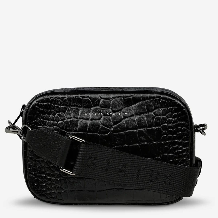 Women Status Anxiety Bags | Status Anxiety Crossbody Plunder Bag With Webbed Strap-Black Croc Emboss