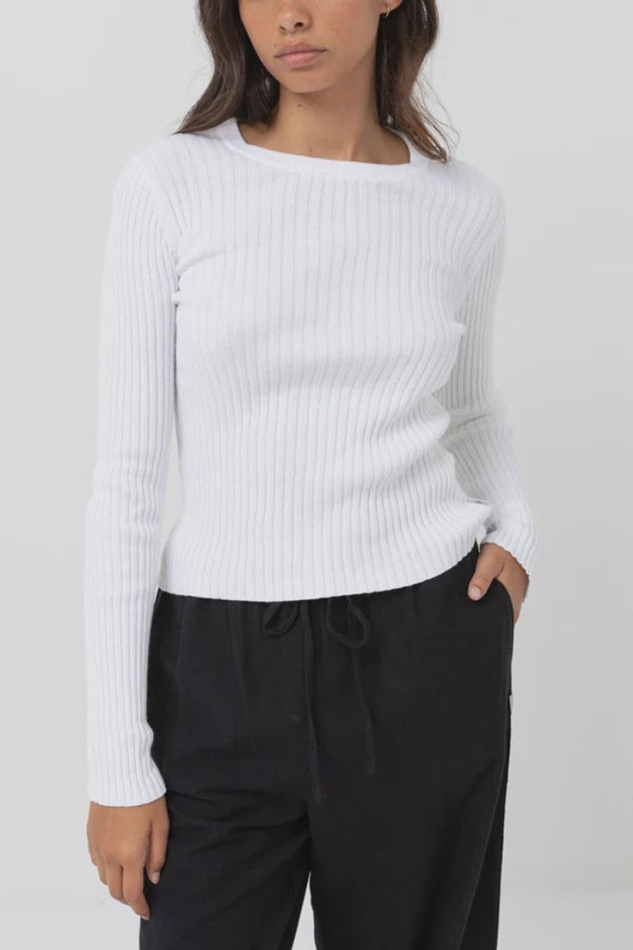 Women Rhythm Knits | Rhythm Classic Knit Long Sleeve Top-White