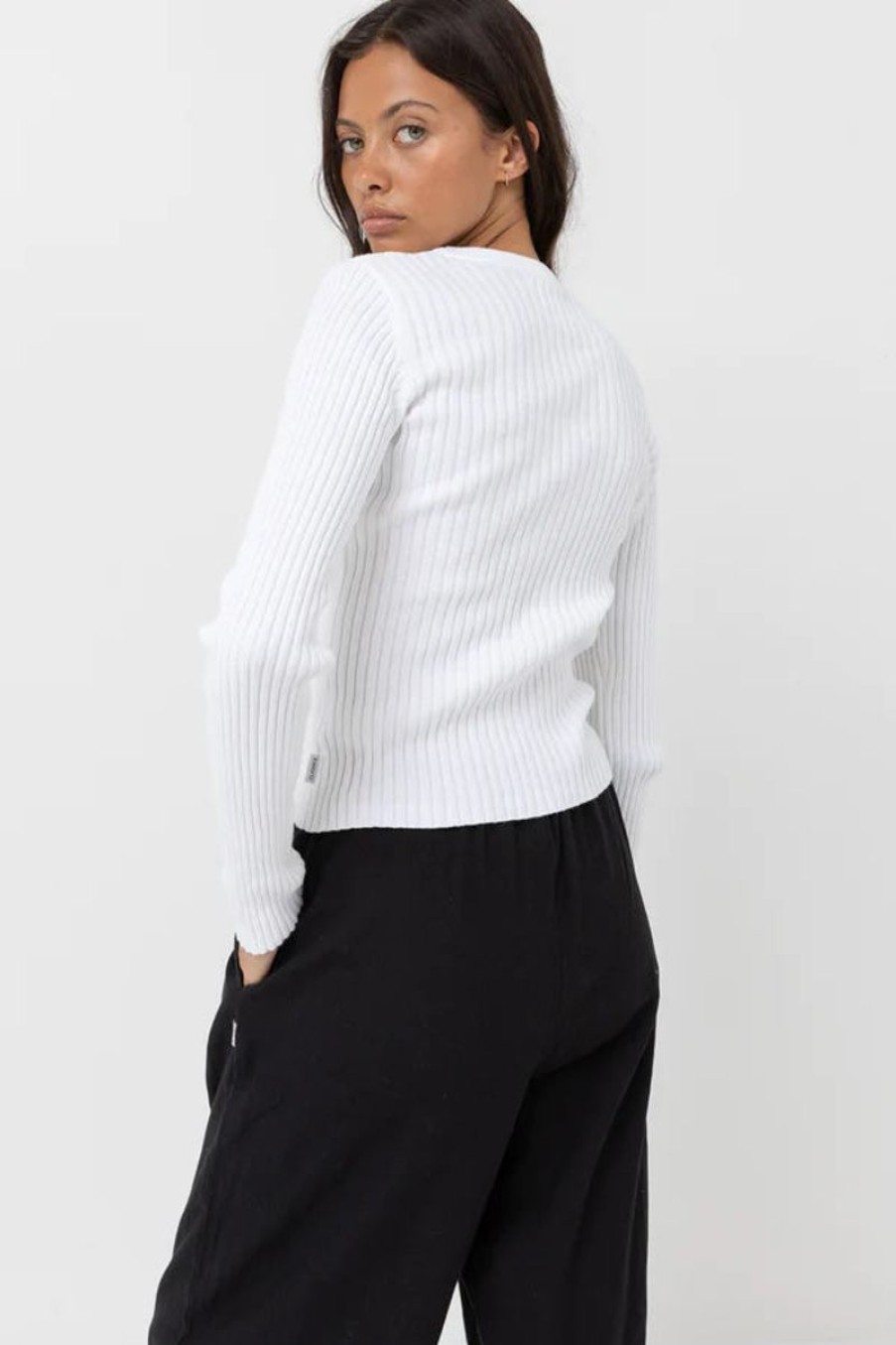 Women Rhythm Knits | Rhythm Classic Knit Long Sleeve Top-White