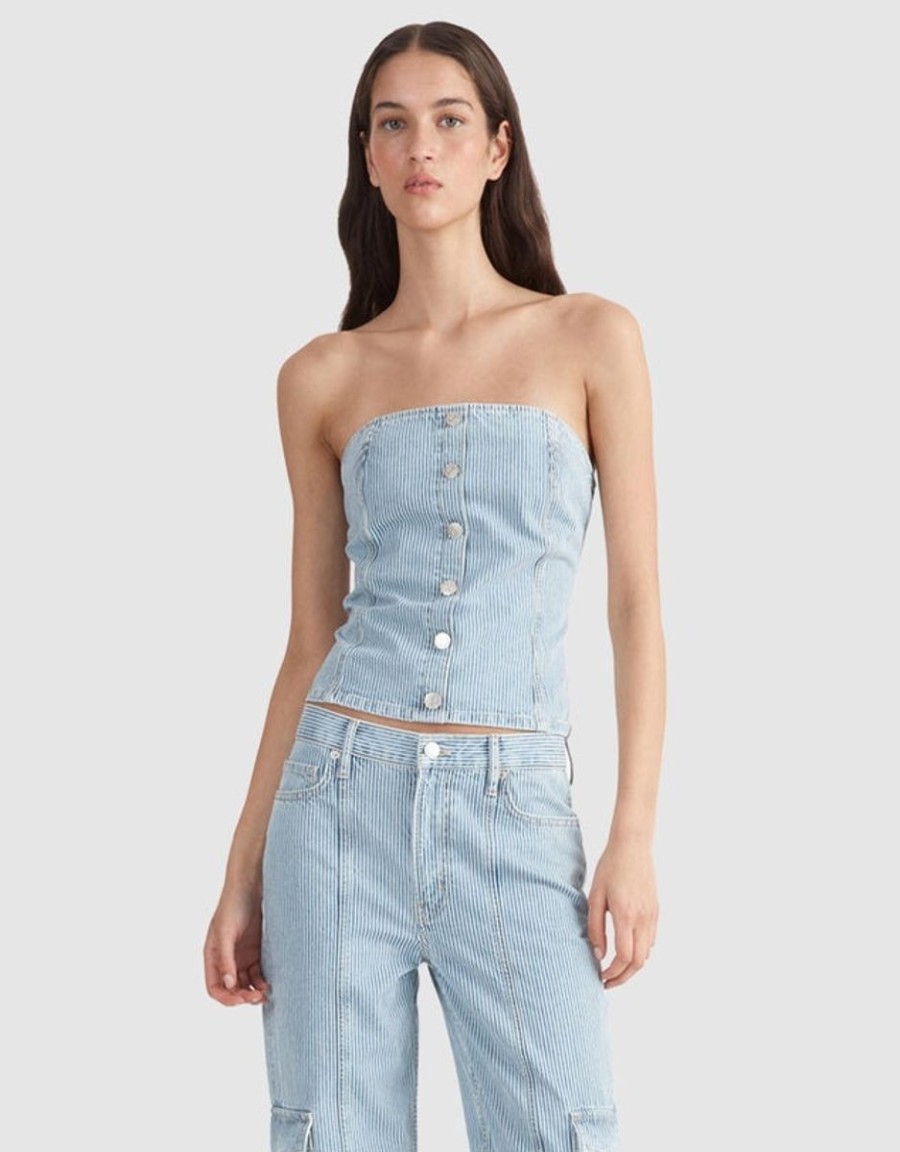 Women Ena Pelly Tops | Ena Pelly Diana Denim Bustier- Ice Blue Stripe