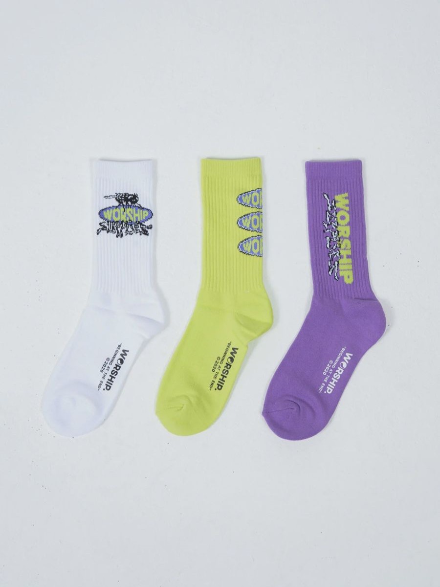 Women Worship Socks | Worship Icky Socks Organic 3 Pack- White/Acid Lime/Dahlia