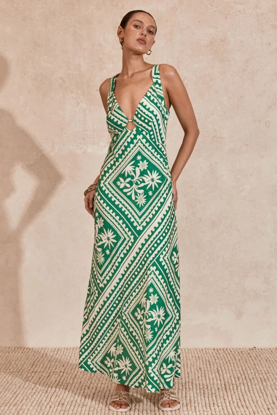 Women MØN RENN Dresses | Mon Renn Losas Midi Dress- Emerald Tile