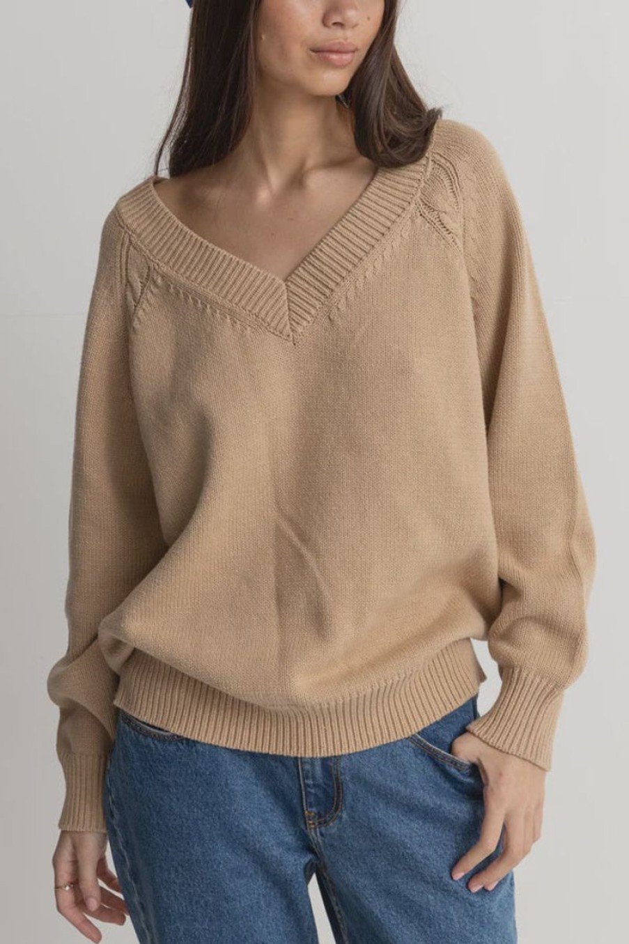 Women Rhythm Knits | Rhythm Moonstone Oversized V Neck Knit-Latte