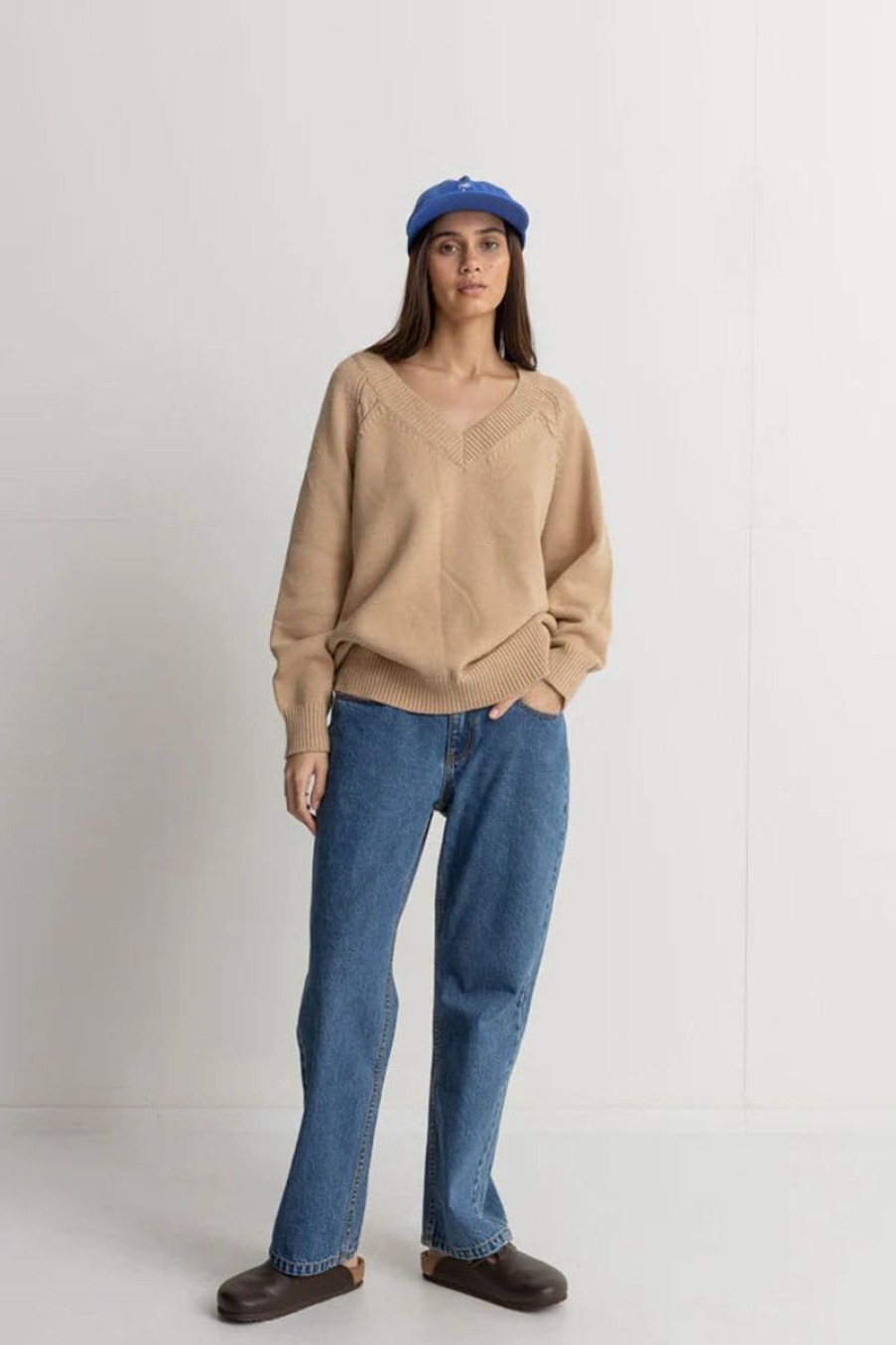 Women Rhythm Knits | Rhythm Moonstone Oversized V Neck Knit-Latte