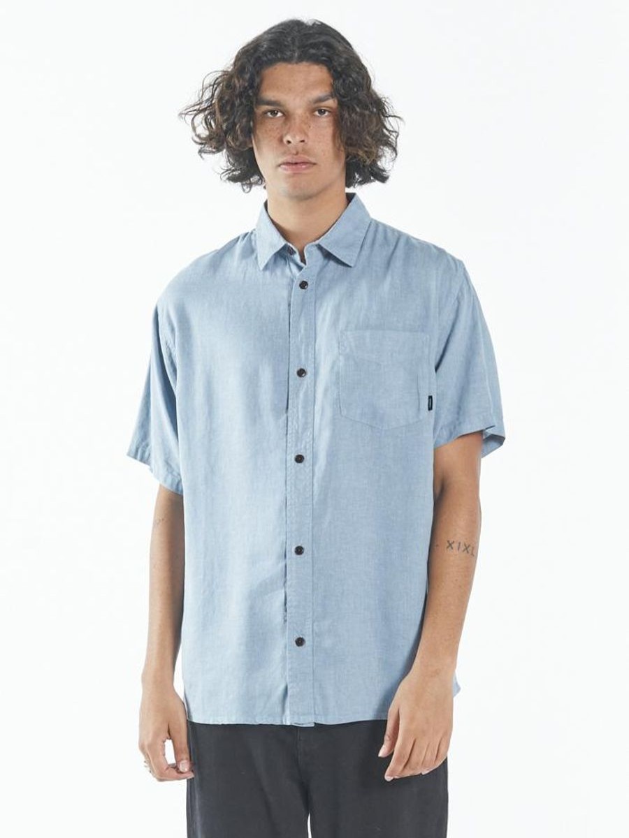 Men THRILLS Shirts | Hemp Minimal Thrills Short Sleeve Shirt-Steel Blue