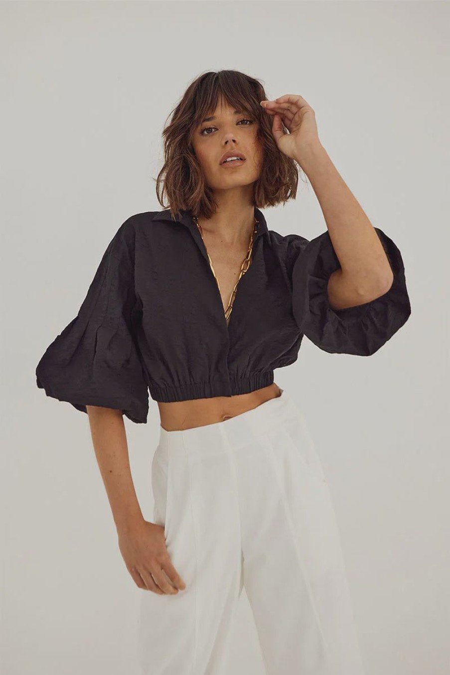 Women Sovere Tops | Effect Crop Blouse- Noir