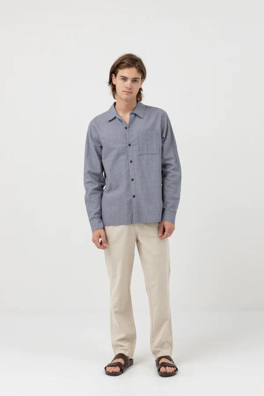 Men Rhythm Shirts | Rhythm Striped Seersucker Ls Shirt-Indigo