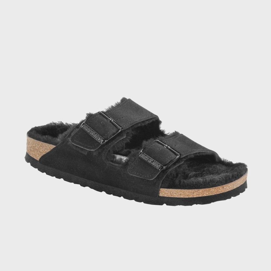 Footwear Birkenstock Arizona | Birkenstock Arizona Black Suede Leather/Shearling Narrow