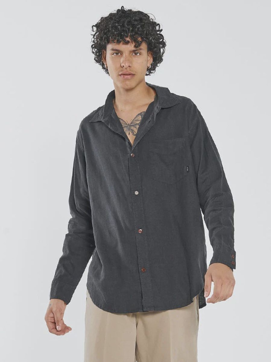 Men THRILLS Shirts | Hemp Minimal Thrills Oversized Long Sleeve Shirt-Black