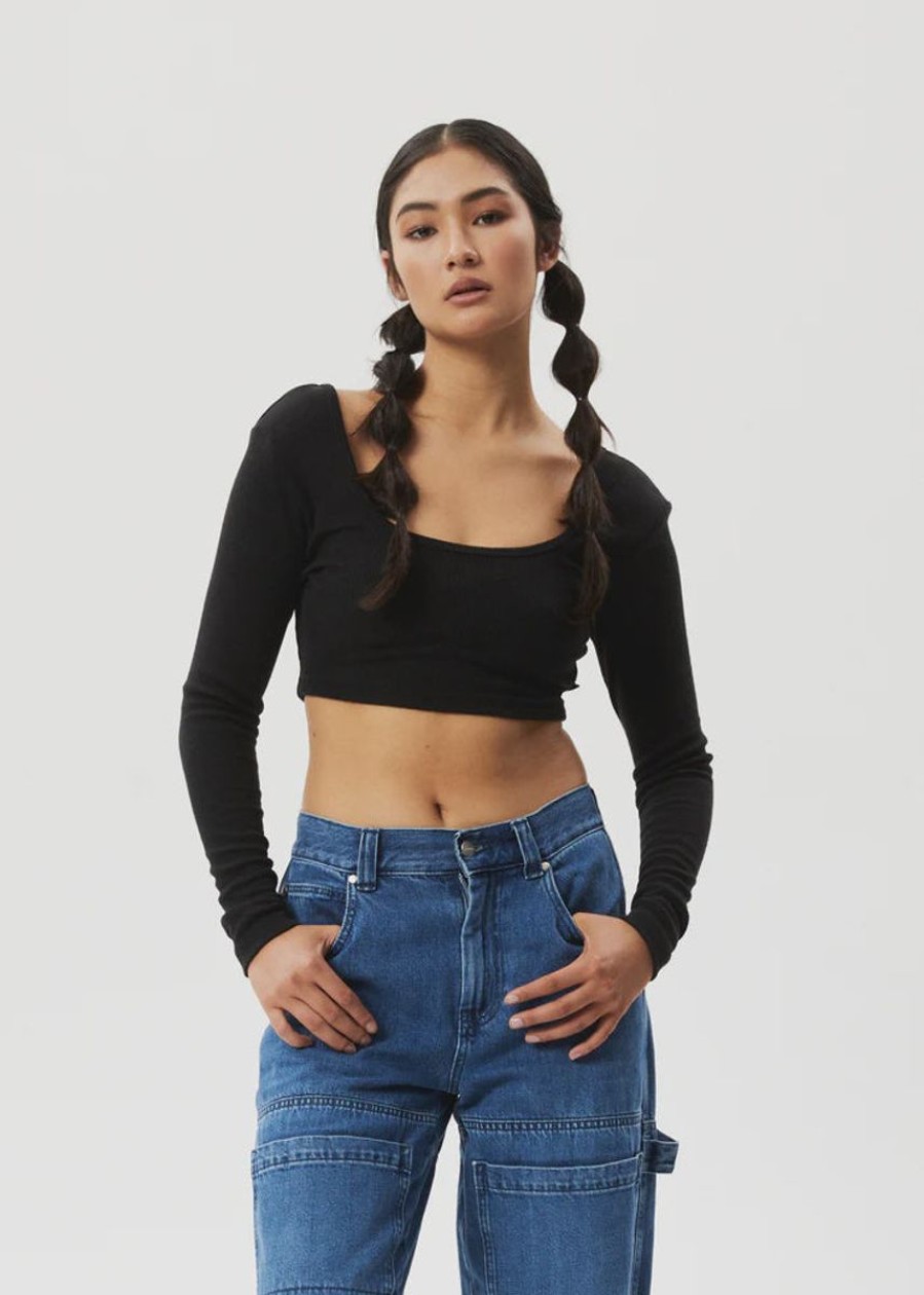 Women Afends Tops | Afends Milla Hemp Ribbed Long Sleeve Cropped Top-Black