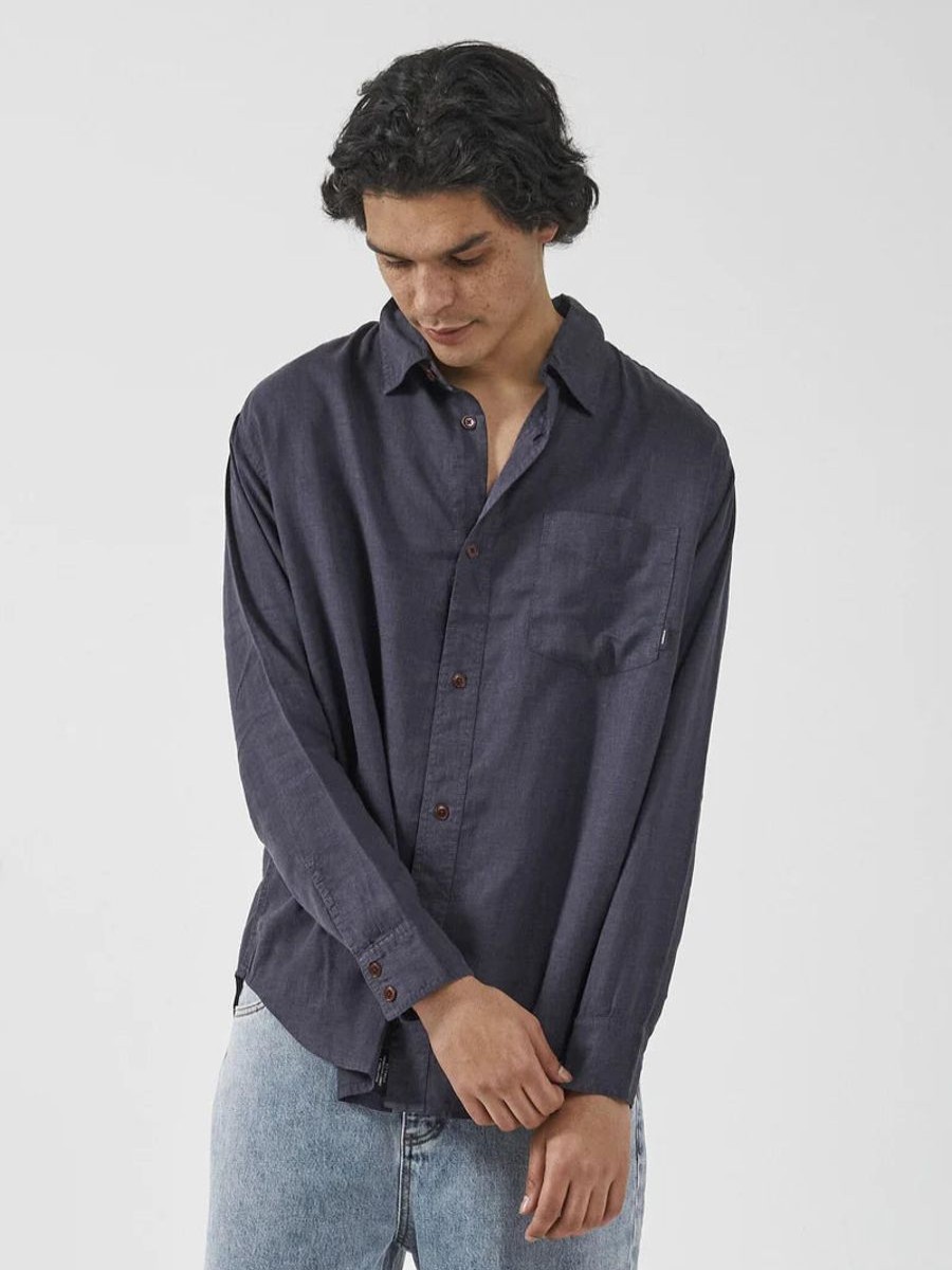 Men THRILLS Shirts | Hemp Minimal Thrills Oversize Long Sleeve Shirt-Marine Blue